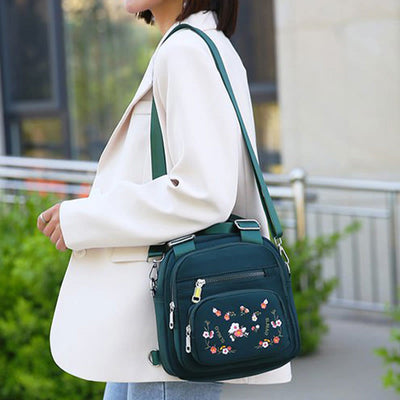 Multi-Compartment Waterproof Embroidery Floral Backpack Daypack Crossbody Bag