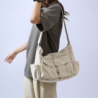 Multi-Pocket Canvas Crossbody Bag For Women Retro Lightweight Shoulder Bag
