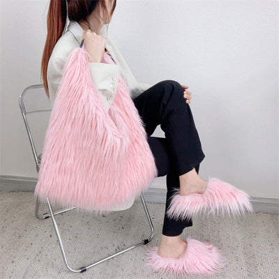 Large Shoulder Bag For Women Party Faux Fur Plush Tote