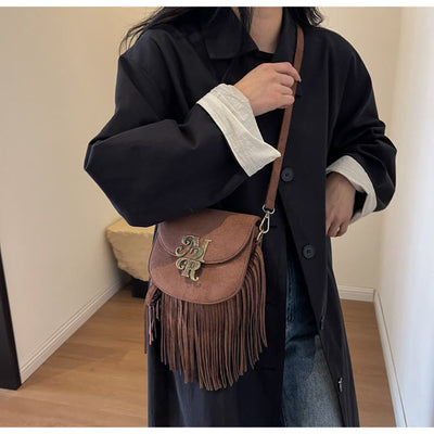 Women Autumn Flannelette Bag Retro Letter Buckle Crossbody Tassel Bag