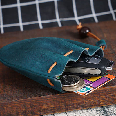 Leather Drawstring Pouch Retro Coin Purse Wallet for Women Men