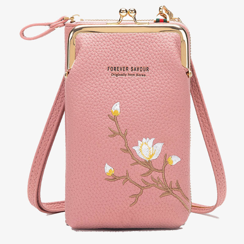 Elegant Embroidered Phone Bag Women Mini Crossbody Leather Purse