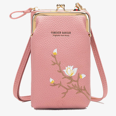 Elegant Embroidered Phone Bag Women Mini Crossbody Leather Purse