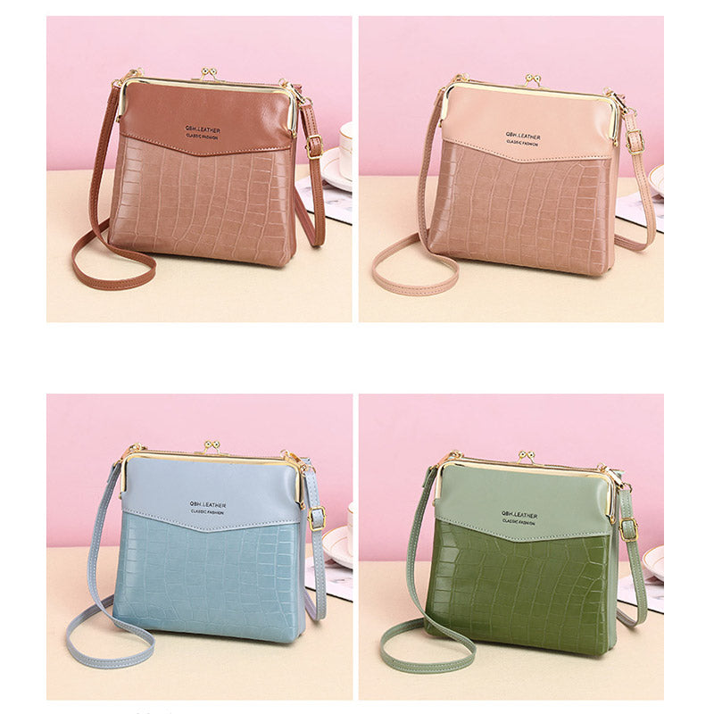 Leather Crossbody Handbag for Women Double Compartment Kiss Lock Shoulder Bag