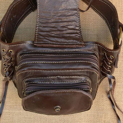 Large Leather Utility 2-Pouch Handmade Practical Tassel Waist Belt Bag