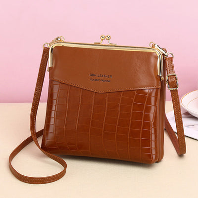 Leather Crossbody Handbag for Women Double Compartment Kiss Lock Shoulder Bag