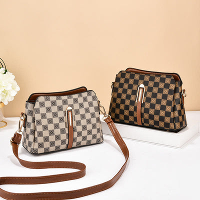 Triple Compartment Plaid Satchel Women Leather Chic Crossbody Bag