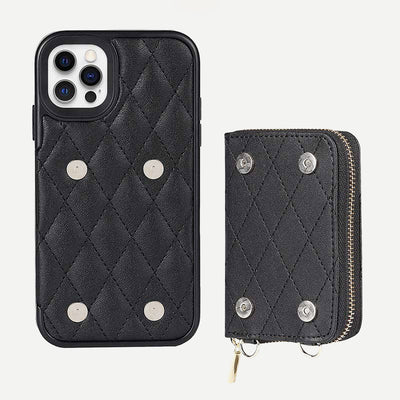 iPhone Phone Case Quilted Leather Wallet Case Card Holder with Crossbody Strap
