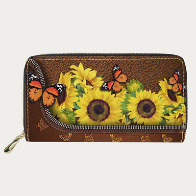 PU Leather Wallet For Women Butterfly Sunflower Pattern Long Purse
