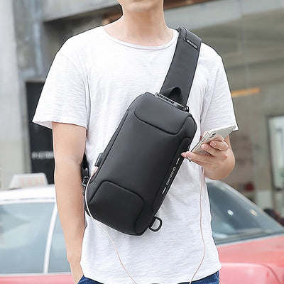 Multi-Pocket Fashion Sling Bag Chest Bag with Passport Lock USB Charging Port
