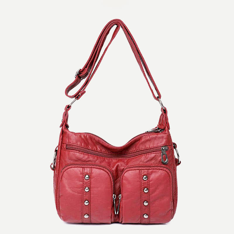 Mulit-Pocket Crossbody Purse for Women Retro Rivets Leather Shoulder Handbag
