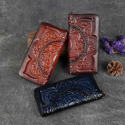 Women Genuine Leather Zip Around Embossing Wallet Large Cowhide Leather Wallet