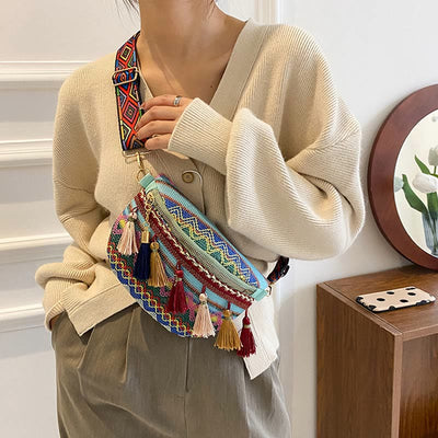 Folk Custom Sling Bag Women Tassel Crossbody Chest Bag