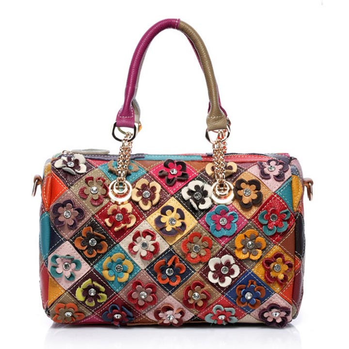 Genuine Leather Multicolor Flower Handbag