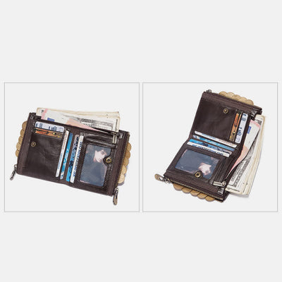 Mens Wallet with Chain Leather Bifold Wallet with Double Zipper Pocket