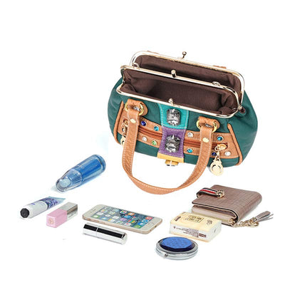 Retro Double Layer Kiss-Lock Shoulder Handbag Party Evening Purse with Crossbody Chain