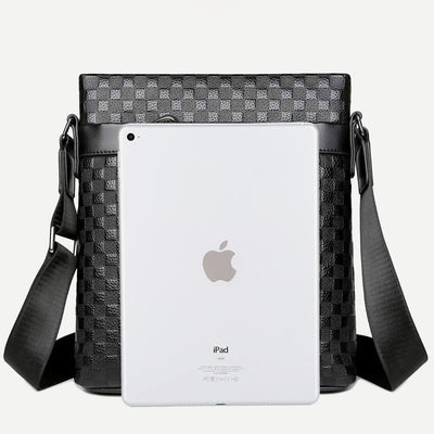 Genuine Leather Waterproof Messenger Bag for Men Plaid Crossbody Bag