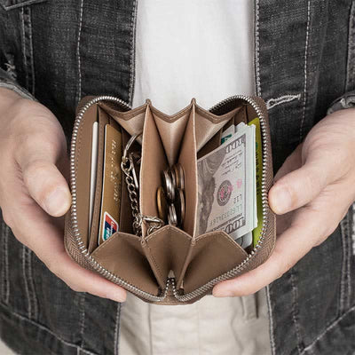 RFID Blocking Small Compact Zip Around Wallet Genuine Leather Coin Purse