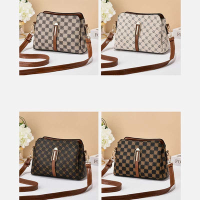 Triple Compartment Plaid Satchel Women Leather Chic Crossbody Bag