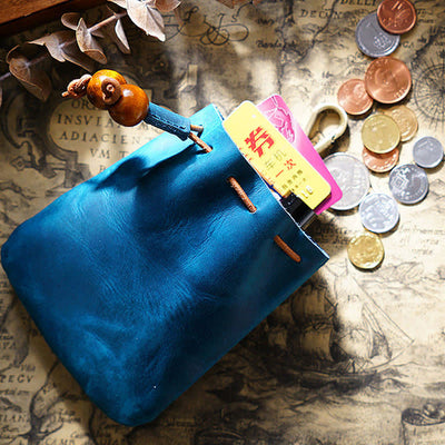 Vintage Coin Purse Genuine Leather Pouch Wallet Drawstring Storage Bag