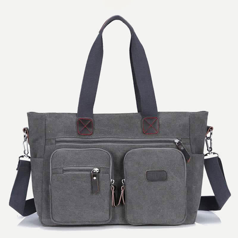 Multi-Pocket Tote Handbag for Women Men Retro Canvas Laptop Bag