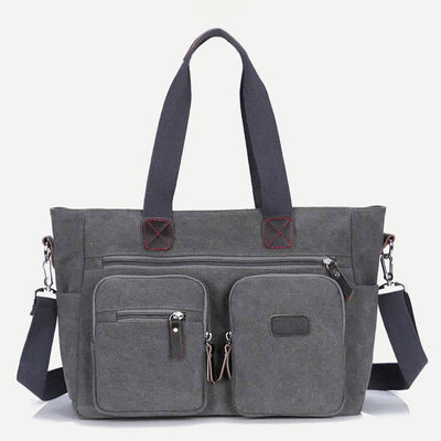 Multi-Pocket Tote Handbag for Women Men Retro Canvas Laptop Bag