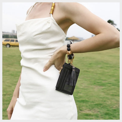 Silicone Bead Wrist Bag Womens Leather Tassel Card Holder