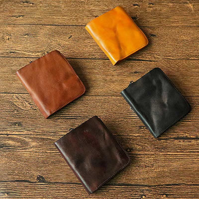 Leather Wallet For Men Double Folding Vintage Short Zipper Purse