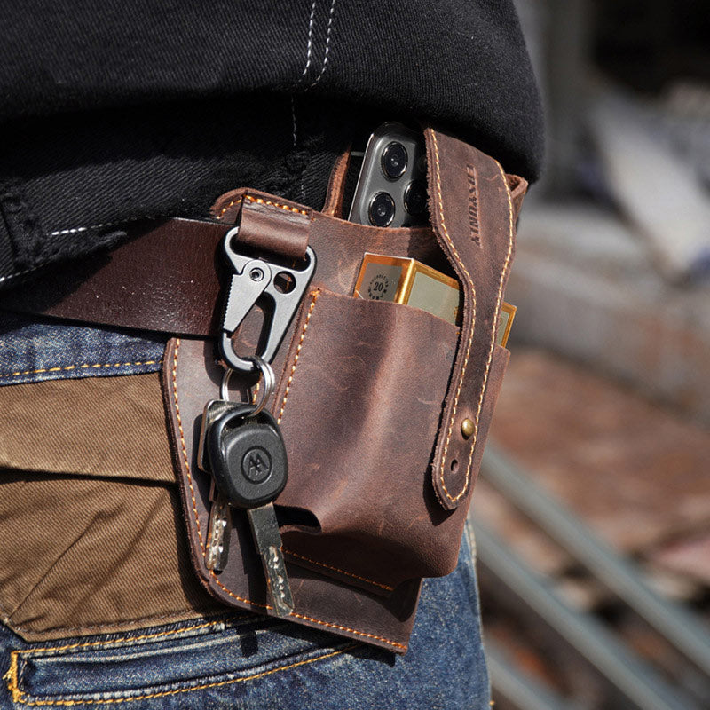 Vintage Outdoor Activity Genuine Leather Waist Phone Bag with Keychain