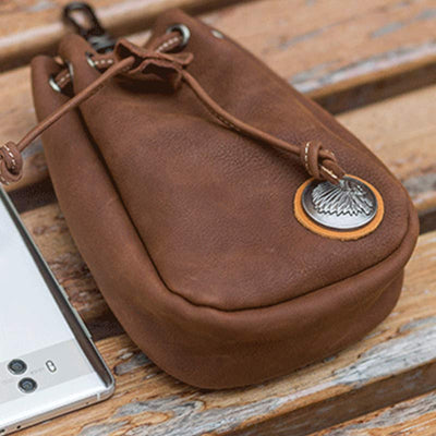 Retro Unisex Waist Pouch Small Drawstring Leather Belt Bag