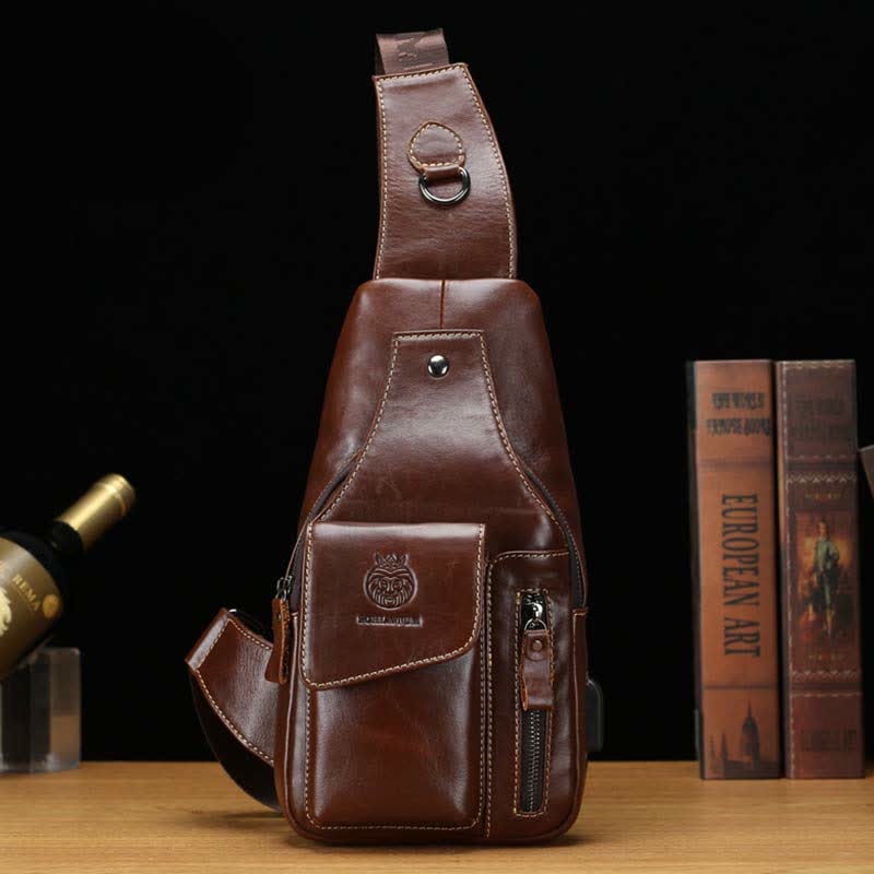Genuine Leather Multi-Pocket Chest Bag Sling Backpack with USB Charging Port