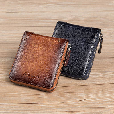 RFID Anti-theft Vintage Genuine Leather Zipper Wallet