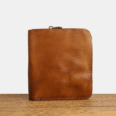 Leather Wallet For Men Double Folding Vintage Short Zipper Purse