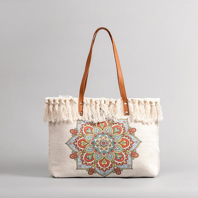 Tote Bag for Women Tassel Bohemian Printing Canvas Shoulder Bag