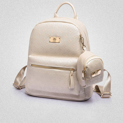 Womens Backpack Simple Embossed Leather Plain Color Student Purse