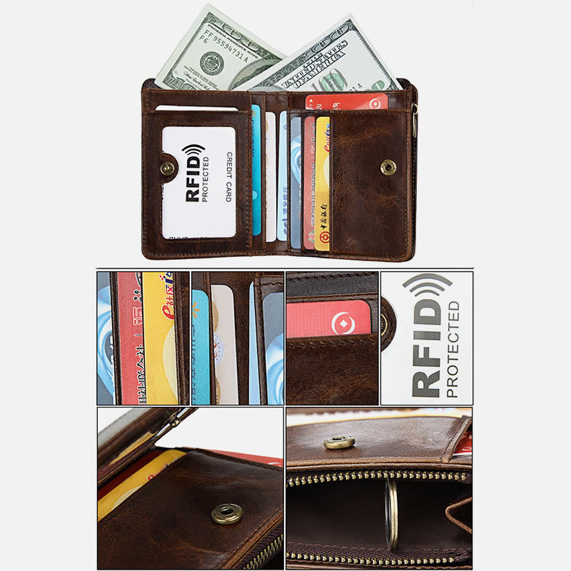 Wallet For Men Short Anti Theft Genuine Leather Retro Card Holder