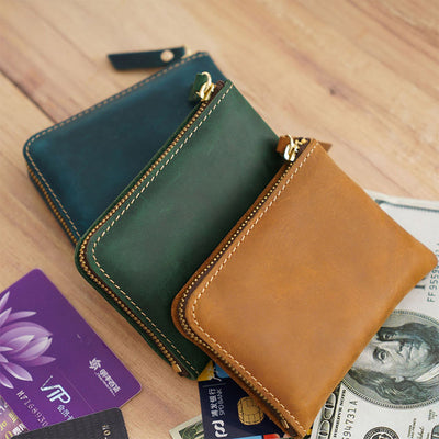 Vintage Genuine Leather Slim Zip Wallet Crazy Horse Leather Coin Purse