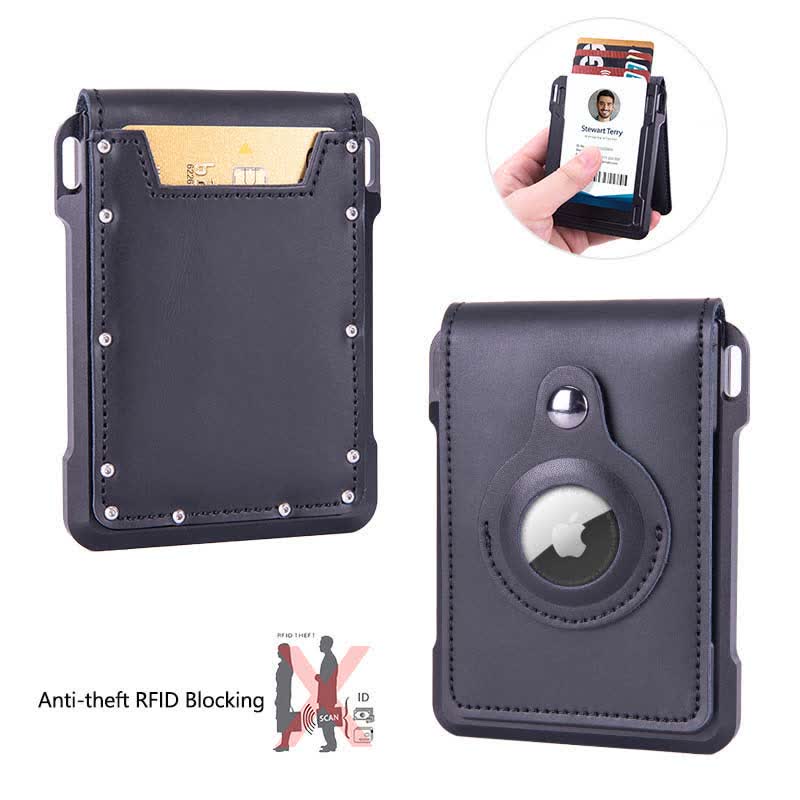 Genuine Leather Airtag Wallet RFID Blocking Quick Access Badge Card Holder
