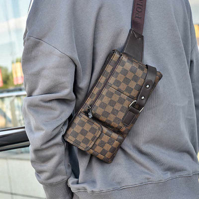 Waist Bag for Men Leather Plaid Travel Sling Bag Chest Bag