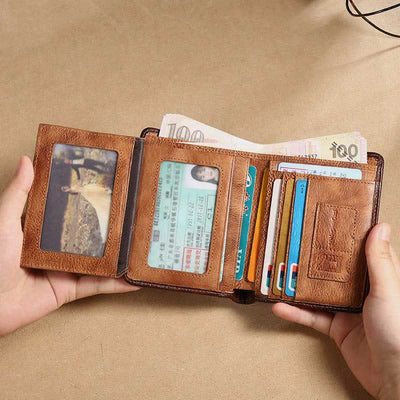 RFID Retro Genuine Leather Tri-fold Wallet