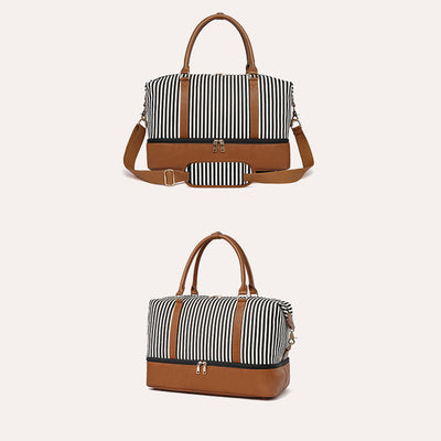 Stripe Canvas Duffel Bag Handbag Weekender Bag with Luggage Sleeve