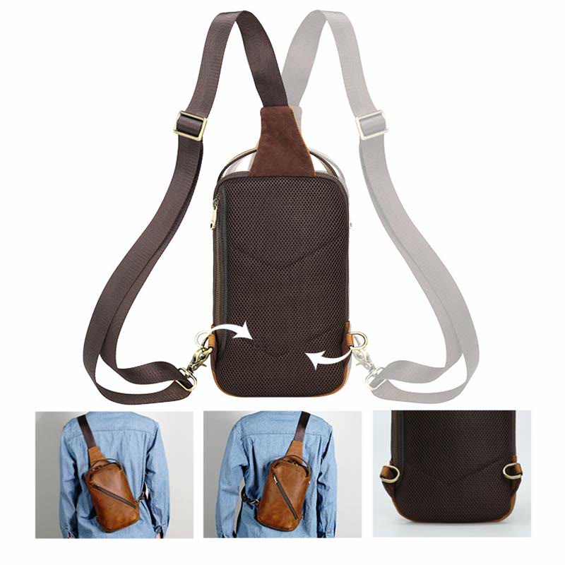 Men's Leather Crossbody Sling Bag Outdoor Travel Chest Bag Shoulder Daypack