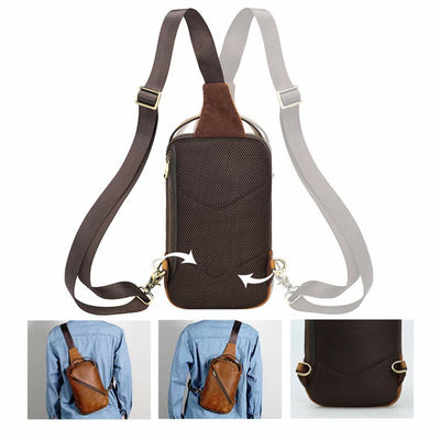 Men's Leather Crossbody Sling Bag Outdoor Travel Chest Bag Shoulder Daypack