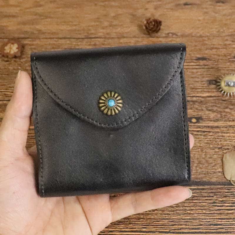 Retro Bifold Wallet Pouch for Women Men Cowhide Leather Small Coin Purse