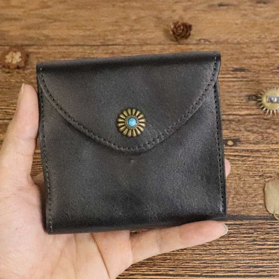 Retro Bifold Wallet Pouch for Women Men Cowhide Leather Small Coin Purse