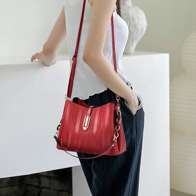 Stripe Pattern Handbag Women Large Vegan Leather Crossbody Bucket Bag