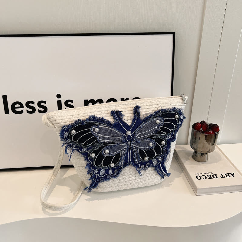 Embroidery Butterfly Shoulder Bag Cotton Linen Crossbody Purse For Women