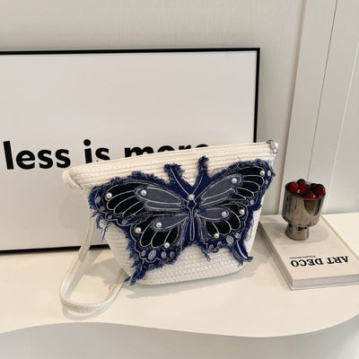 Embroidery Butterfly Shoulder Bag Cotton Linen Crossbody Purse For Women