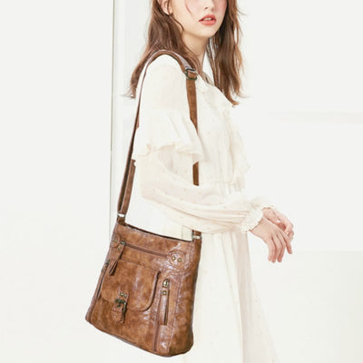 Retro Soft Washed Leather Multi Pocket Crossbody Bags for Women Lady