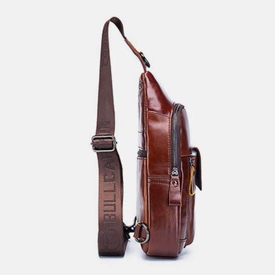 Genuine Leather Sling Chest Bag with Earphone Hole